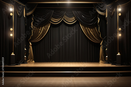 Empty 3d room background illustration design - Theater stage with black gold velvet curtains.