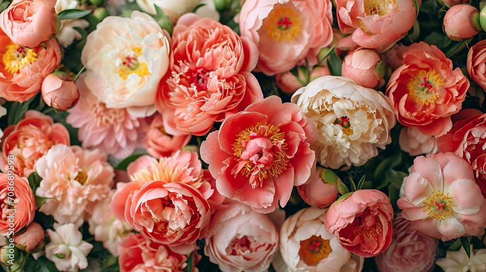 Exquisite peonies in full bloom, offering a lush and romantic floral background for elegant and luxurious designs. [Peonies bloom floral background for the designer's work]