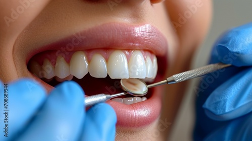 Close-up of a cosmetic dentist carefully applying dental ceramics for a seamless and natural-looking smile enhancement. [Dental ceramics in cosmetic dentistry] photo