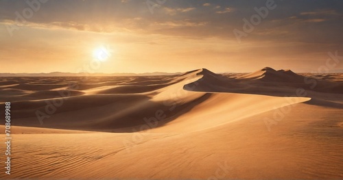 Craft an image that captures the undulating curves and shadows of a lone sand dune as it basks in the warm hues of the setting sun- Generative AI