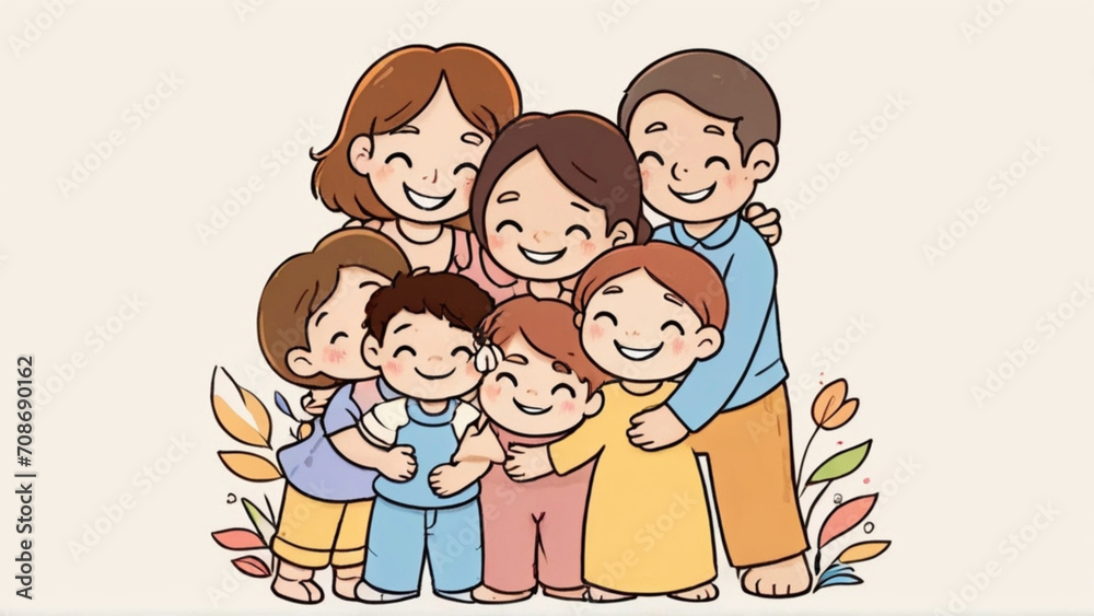 Happy Family Hugging Cartoon Illustration - Hugging Day Happy Family Hugging Cartoon Illustration - Hugging Day
