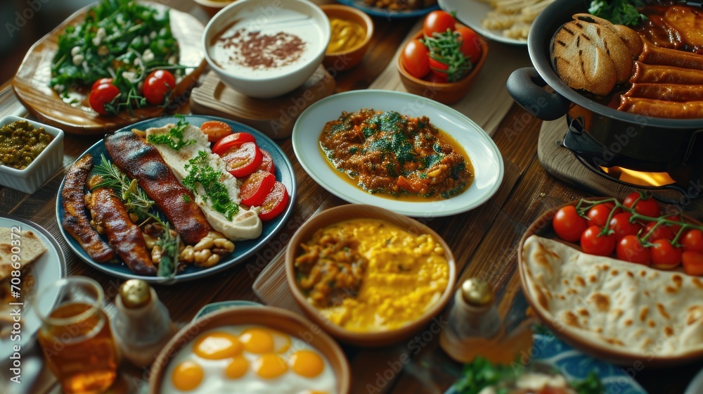 A table filled with a variety of different types of food. Suitable for various culinary or food-related themes A table filled with a variety of different types of food. Suitable for various culinary or food-related themes