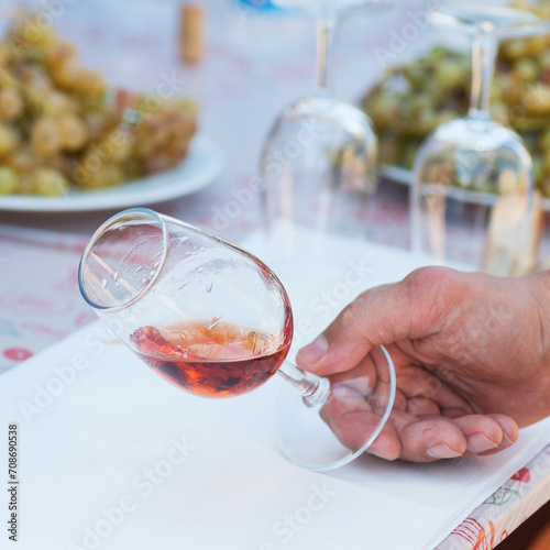 An expert examining a glass of rose wine in a garden on a sunny summer day