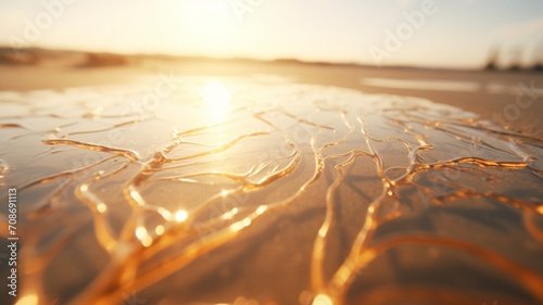 Sunlight filtering through translucent Hokkaido seaweed  casting a mesmerizing pattern on the wet sand -Generative Ai