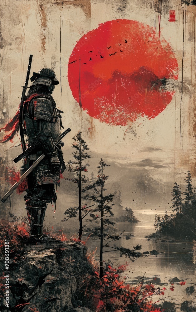 Warrior with a sword on the background of the rising sun.