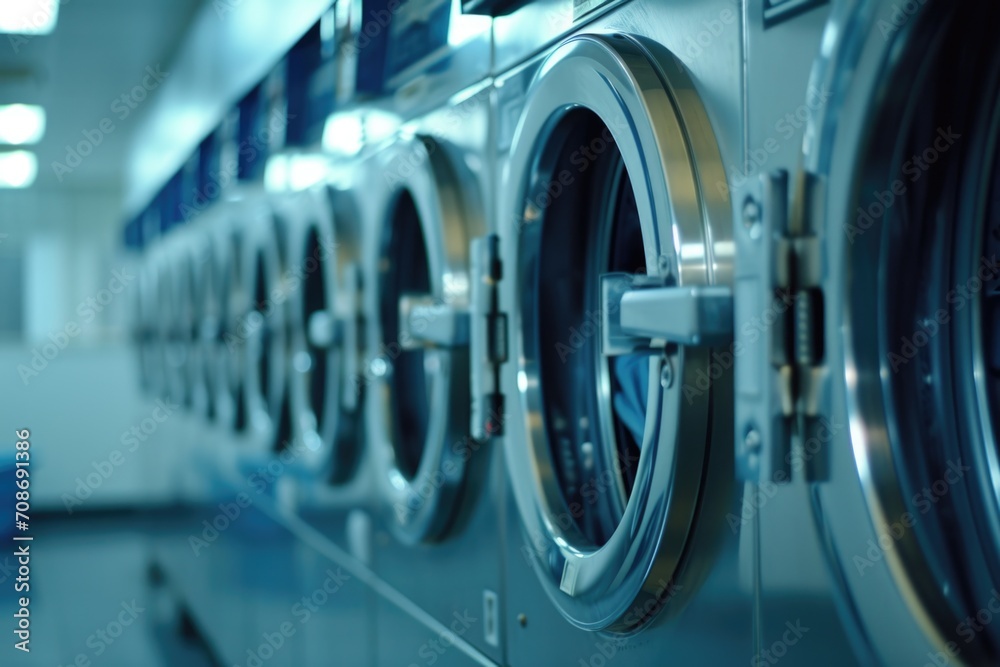 A row of washing machines in a public laund. Ideal for illustrating the concept of shared laundry facilities A row of washing machines in a public laund. Ideal for illustrating the concept of shared laundry facilities