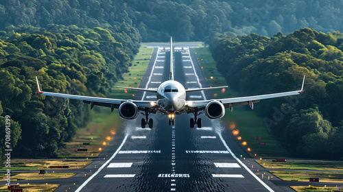 Takeoff and landing of an airplane that captures and mesmerizes the spirit with a beautiful background at speed photo