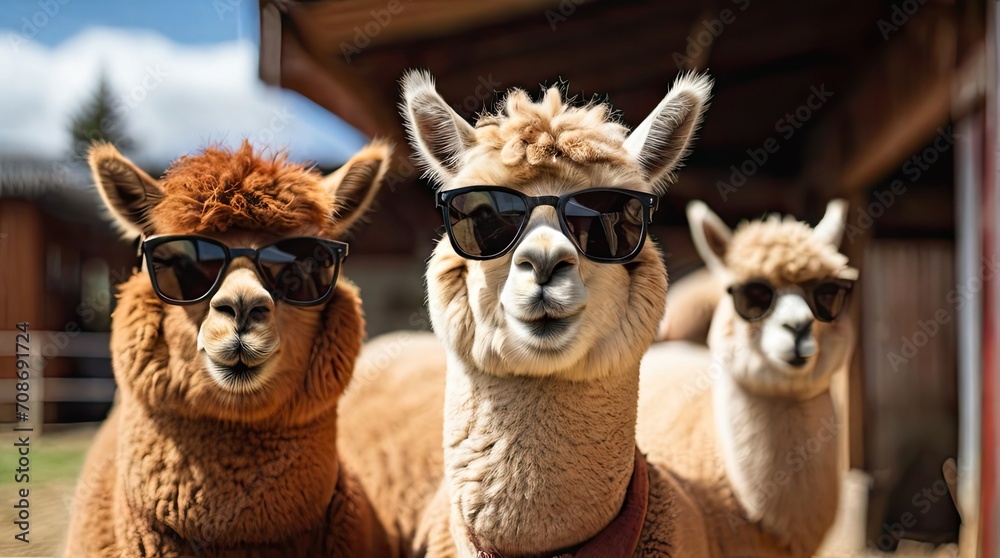Stylish Alpacas Wearing Sunglasses on a Sunny Day. Generative AI