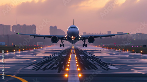 Takeoff and landing of an airplane that captures and mesmerizes the spirit with a beautiful background at speed