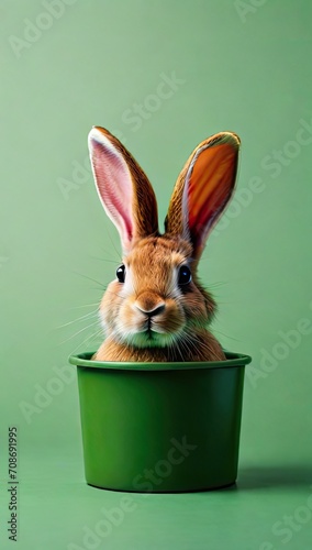 cute bunny in a bucket. green background. Generative AI