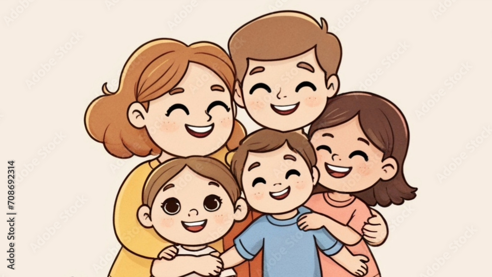 Hugging Happy Family Cartoon Illustration - Hugging Day