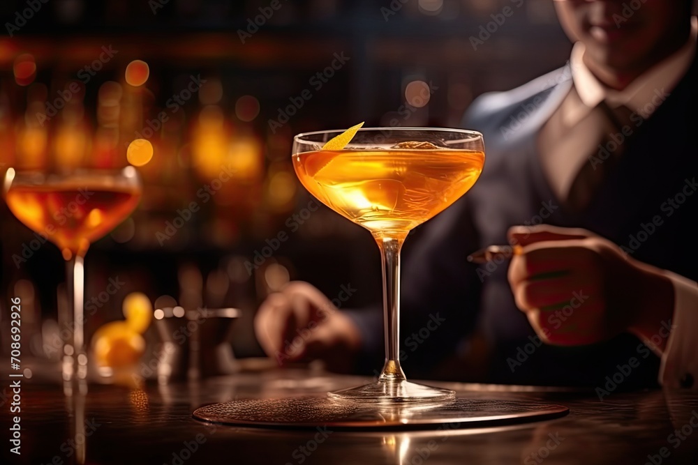 Glass of orange cocktail decorated with lemon at bar counter background