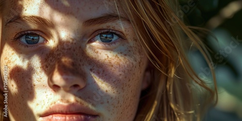 A detailed close-up shot of a woman's face with prominent freckles. This image can be used to showcase natural beauty or for skincare and cosmetic-related content