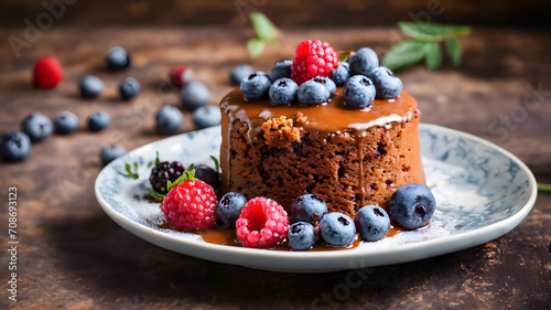 Chocolate cake with fresh blueberries and raspberries  selective focus