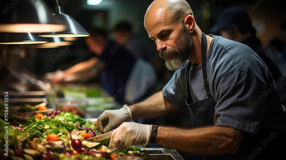 Bald chef preparing salad in commercial kitchen Bald chef preparing salad in commercial kitchen