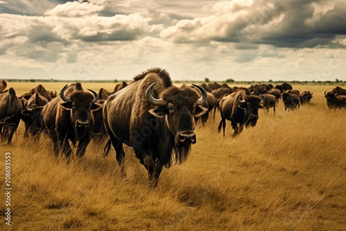 herd of wildebeest in serengeti national park country