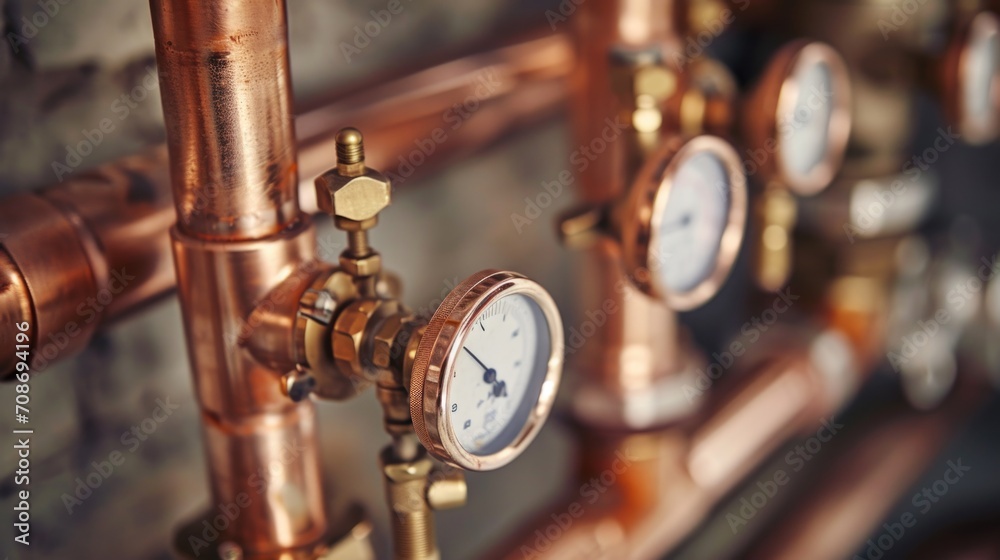 A close-up view of a bunch of gauges mounted on a wall. This image can be used to illustrate concepts related to measurements, control systems, industrial processes, and technology A close-up view of a bunch of gauges mounted on a wall. This image can be used to illustrate concepts related to measurements, control systems, industrial processes, and technology