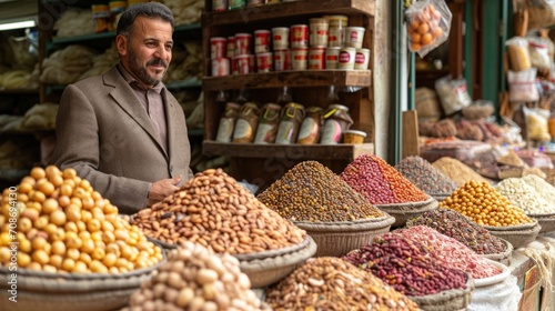 Middle aged man selling nuts and dried fruits in the market in Yemen.
