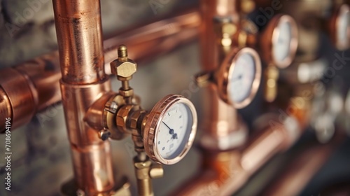 A close-up view of a bunch of gauges mounted on a wall. This image can be used to illustrate concepts related to measurements, control systems, industrial processes, and technology