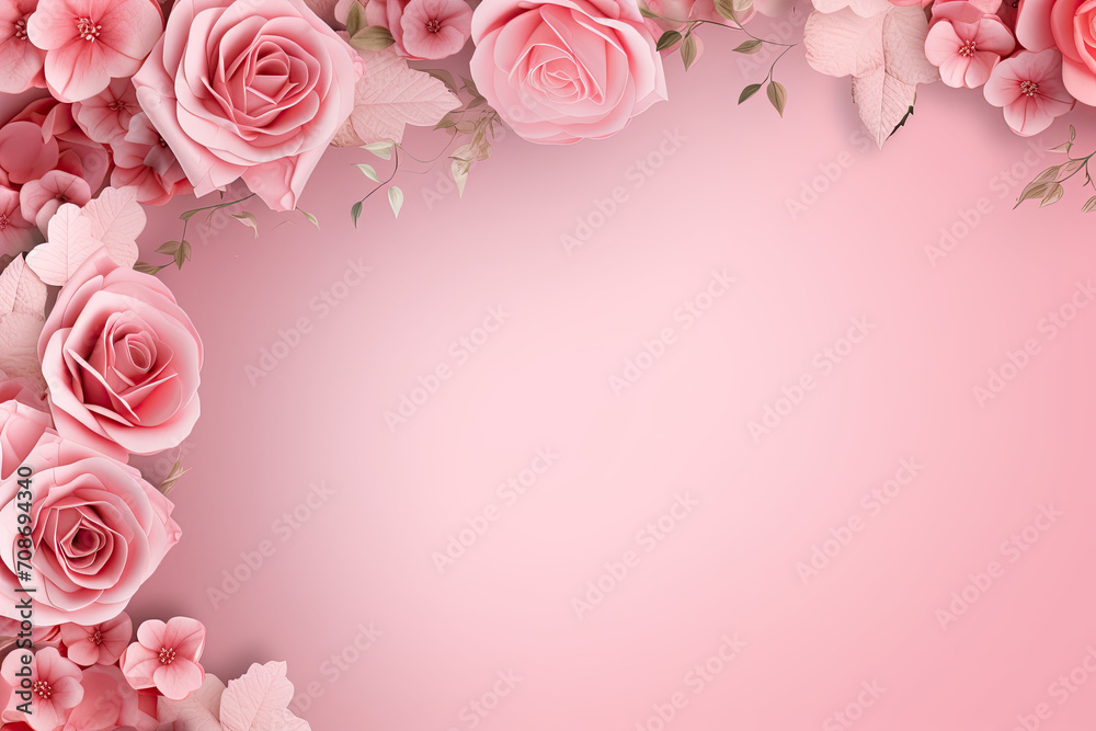 Romantic pink flowers arrangement against a pastel pink background