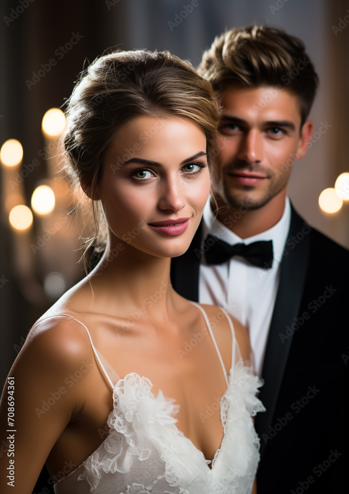 Portrait of a beautiful bride in a wedding dress and groom in a suit with a bow tie indoors against the backdrop of festive lights.