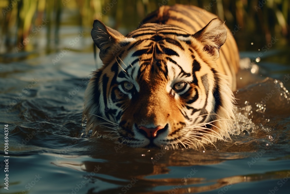 Observing a wild tiger confidently navigating through water.