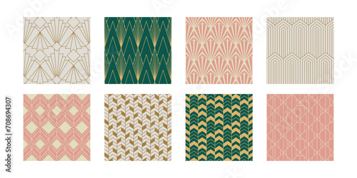 Set of Vintage Art Deco Seamless Pattern. Line art geometric gold shapes. Modern ornaments vector illustration. Gatsby retro elegant background for fabric, wallpaper or wrapping