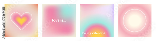 Set of Y2k Trendy Aesthetic abstract gradient pink violet background with translucent aura irregular shapes blurred pattern. Social media valentines day poster, stories highlight templates marketing