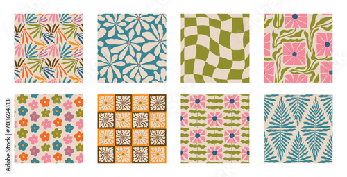 Set of Aesthetic Contemporary printable retro groovy flowers seamless pattern. Decorative Hippie Naive 60's, 70's style Vintage boho background in minimalist style for fabric, wallpaper or wrapping