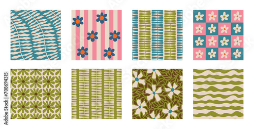 Set of Aesthetic Contemporary printable retro groovy flowers seamless pattern. Decorative Hippie Naive 60's, 70's style Vintage boho background in minimalist style for fabric, wallpaper or wrapping