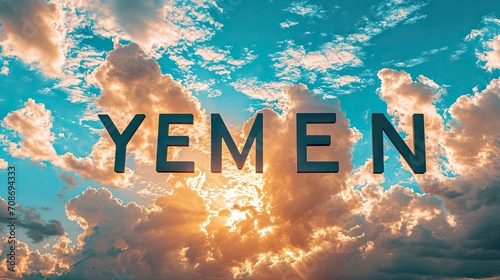 Word YEMEN against blue and orange sky with clouds at sunset