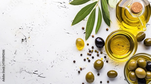 Extra virgin olive oil in a transparent bottle with a bowl of green olives and olive branches on a textured white background