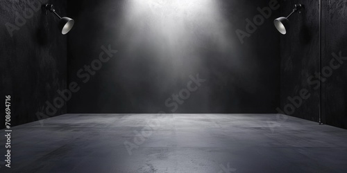 A dark room illuminated by three spotlights on the wall. Suitable for theater, performance, or dramatic themes