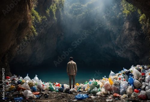 Un gouffre naturel avec des déchets de poubelle plastique au sol - generative AI photo