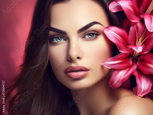 Gorgeous Beautiful woman portrait, with few white lilies in her hair, Beauty Model Woman Face, Perfect Skin, big shining eyes, Professional Make-up, beautiful thick long hair, Fashion Art