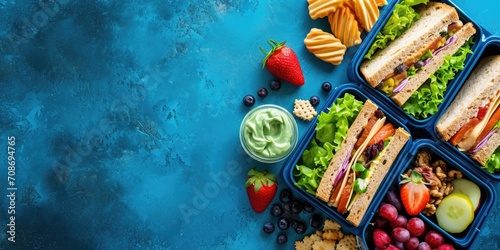 A lunch box filled with a variety of sandwiches and fresh fruit. Perfect for a delicious and healthy meal on the go photo