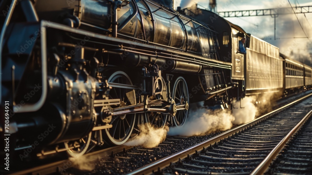 A steam engine train is pictured traveling down train tracks. This image can be used to depict transportation, vintage trains, or historical themes A steam engine train is pictured traveling down train tracks. This image can be used to depict transportation, vintage trains, or historical themes