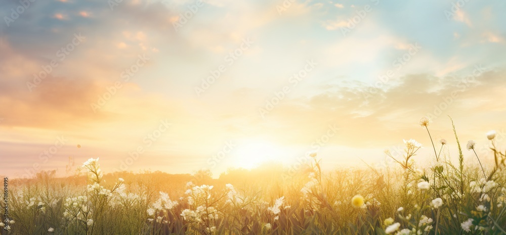 Field of white flowers at sunset