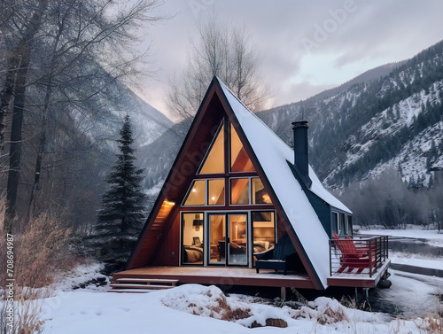 A cozy A-frame cabin nestled in a breathtaking mountainous landscape, surrounded by natural beauty.