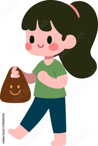 Girl walking holding shopping bag.