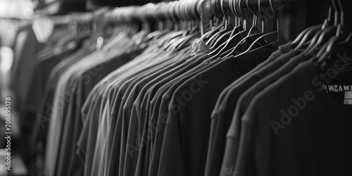 A simple black and white photograph of a rack of shirts. Perfect for fashion catalogs and online clothing stores