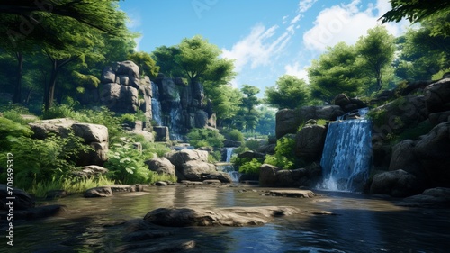 Tranquil stream converging into a powerful waterfall against a backdrop of lush greenery -Generative Ai