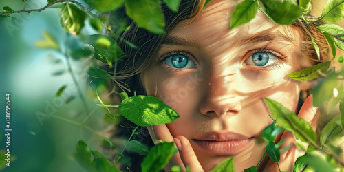 Beautiful young blue-eyed girl with fresh green leaves on her face. Natural beauty concept.