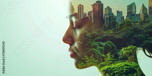 Double exposure of woman face and green city background. Mixed media.