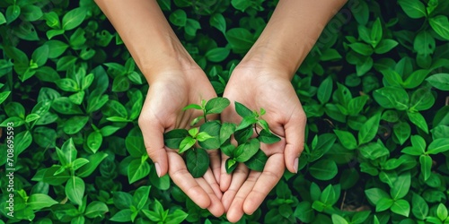 Woman hands holding a small plant on the background of green leaves.