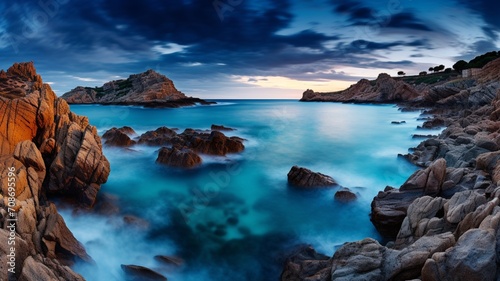 Twilight hues reflecting on Menorca's calm waters, creating a serene maritime panorama -Generative Ai