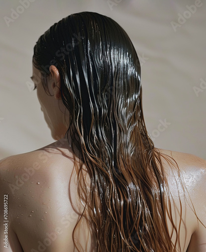 Young woman with long wet hair, rear view