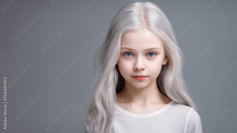 Portrait of a young female model with platinum blond hair and wear a white t-shirt while standing in front of a grey backdrop. Room for copy. Portrait of a young female model with platinum blond hair and wear a white t-shirt while standing in front of a grey backdrop. Room for copy.