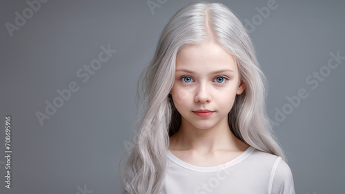 Portrait of a young female model with platinum blond hair and wear a white t-shirt while standing in front of a grey backdrop. Room for copy.