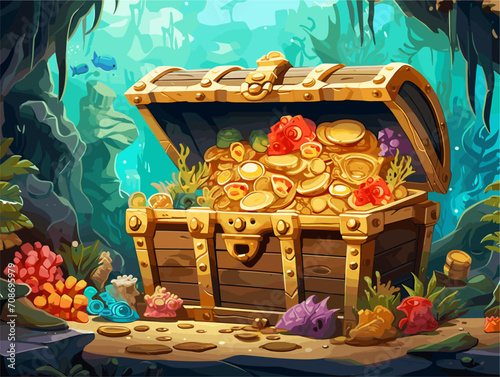 Vector drawing of a chest with gold coins, 
treasures and sapphires 
on ocean floor under water with tropical fish
at the coral reef. Algae, corals and sea 
anemones on the seabed.